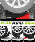 RV Leveling Blocks 2 Pack With Ramp Kit For Camper And Travel Trailer, Heavy Duty RV Levelers Up To 35,000 Lbs, shown under tire.