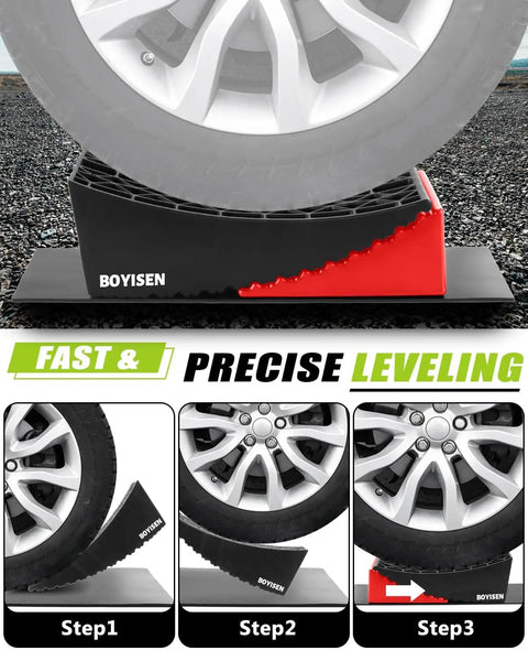 RV Leveling Blocks 2 Pack With Ramp Kit For Camper And Travel Trailer, Heavy Duty RV Levelers Up To 35,000 Lbs, shown under tire.