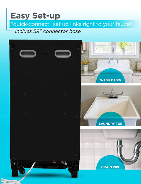 Solid 18 Inch Portable Dishwasher On Wheels And Energy Star Efficient 8 Place Setting Countertop Machine rear view showing quick-connect setup.