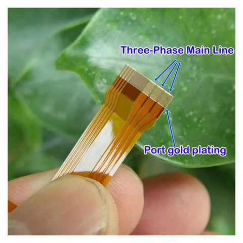 Close-up of a 12V brushless DC drone motor's three-phase main line with port gold plating for quadcopters UAVs.