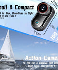 Image of an ultra compact 4K sports action camera with dimensions displayed, alongside a sailing yacht, emphasizing its portability and use.