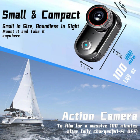 Image of an ultra compact 4K sports action camera with dimensions displayed, alongside a sailing yacht, emphasizing its portability and use.