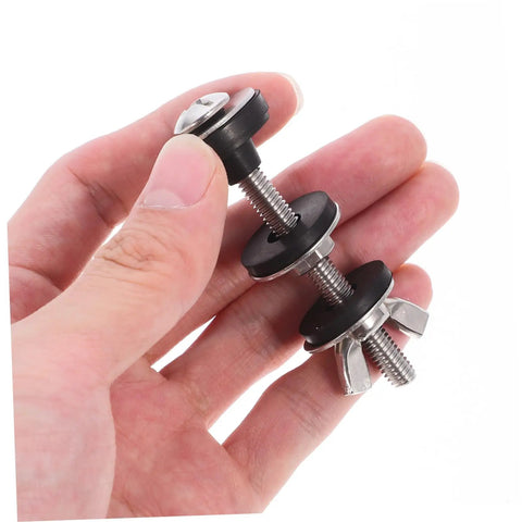Close-up of stainless steel toilet seat screws and bolts set for quick replacement, rust resistant bathroom fasteners in hand