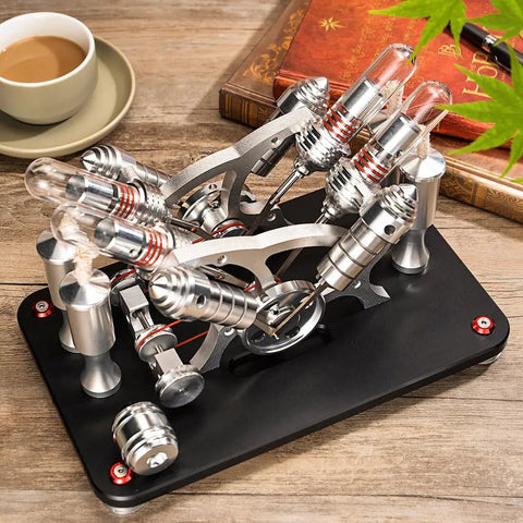 All Metal V4 Parallel Four Cylinder Stirling Engine Kit With Dual Engine Drive And Generator Output External Combustion Educational Display Model For Adults Premium Alloy Steel Aluminum Brass Build DIY Nerdy Desk Toy, black base