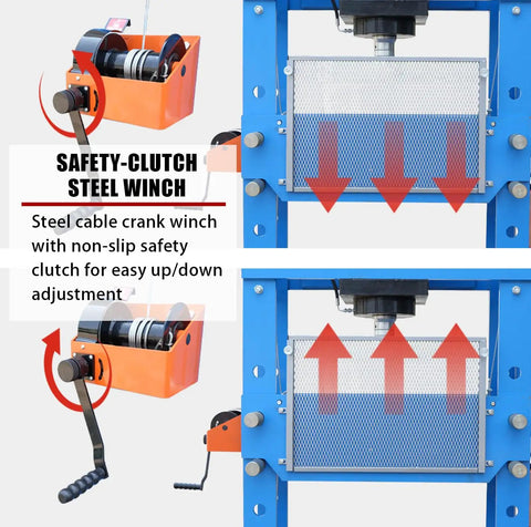 Safety-clutch steel winch on the Rock Solid 150 Ton Electric Hydraulic Shop Press for safe height adjustments.