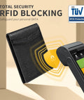 Grab This Slick Slim Bifold Wallet For Men Premium Leather Rfid Blocking Card Holder displayed with RFID protection symbol.
