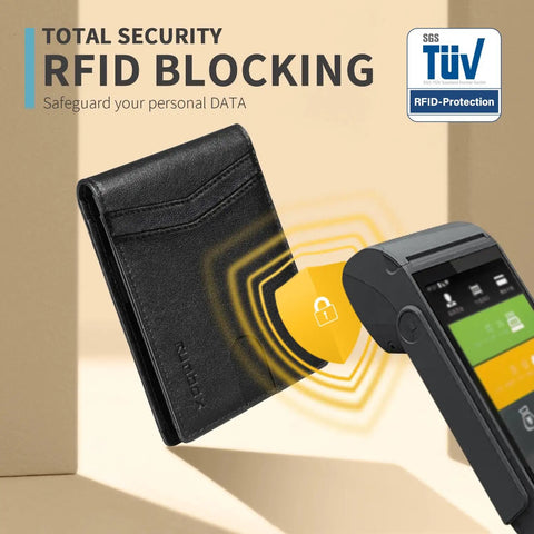 Grab This Slick Slim Bifold Wallet For Men Premium Leather Rfid Blocking Card Holder displayed with RFID protection symbol.