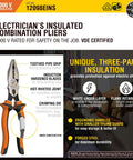 Infographic of insulated do-it-all combination pliers with 1000V protection, VDE certified 3-part insulation, and crimp die for electric work.