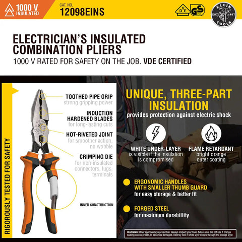 Infographic of insulated do-it-all combination pliers with 1000V protection, VDE certified 3-part insulation, and crimp die for electric work.