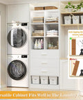 Closet System Organizer With 6 Cube Compartments And 3 Drawers Freestanding Wardrobe Module With Shoe Shelf shown in laundry room.