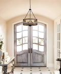 Dope Rustic Farmhouse 19 Inch Chandelier With Wood And Black Metal Arms, 5 Light Pendant Ceiling Fixture in entryway