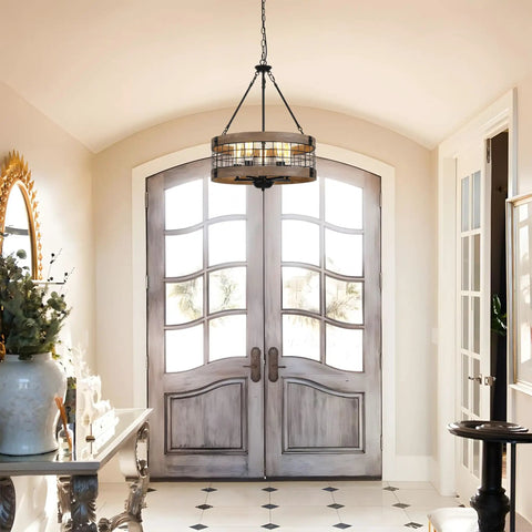 Dope Rustic Farmhouse 19 Inch Chandelier With Wood And Black Metal Arms, 5 Light Pendant Ceiling Fixture in entryway