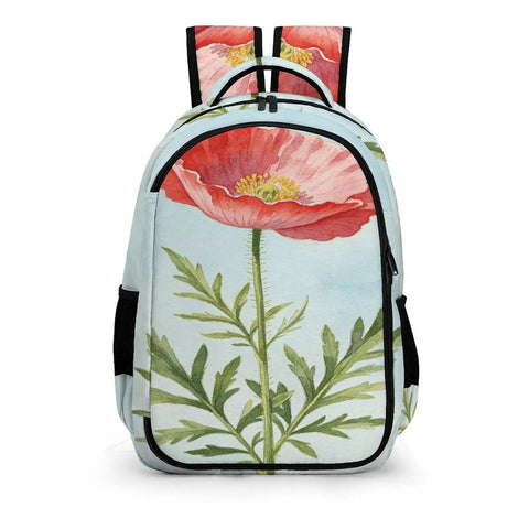 Red Poppy Watercolor Print Backpack For Men And Women, large capacity unisex daypack, durable polyester, smooth zipper