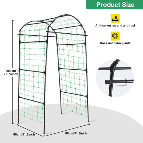 Heavy Duty Garden Arch Trellis For Climbing Plants, 6.7Ft Tall Steel Arbor with nylon netting, rust resistant frame shown