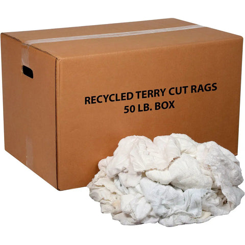 50 Lb Box Recycled Cotton Terry Cut Rags In White All Purpose Wipers For Polishing Dusting And Cleaning Jobs Assorted Sizes