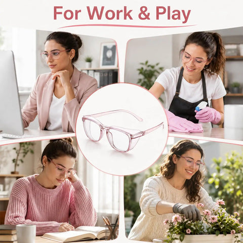 Womens Super Safe Glasses Anti Fog Scratch Proof Clear Lenses Side Shields stylishly worn by women at work and play.