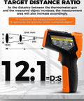 4 In 1 Infrared Temperature Gun With K Type Probe, Industrial Laser Thermometer showing target distance ratio