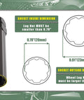 Heavy Duty 7 Spline Tuner Lug Nut Key With Dual Hex 13/16 And 7/8 Inch Sockets showing inside and outside dimensions for fitment.