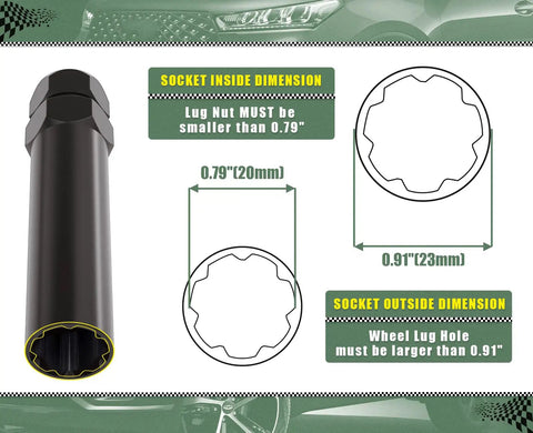 Heavy Duty 7 Spline Tuner Lug Nut Key With Dual Hex 13/16 And 7/8 Inch Sockets showing inside and outside dimensions for fitment.