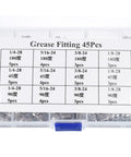 Nickel Plated Steel Heavy Duty Grease Fittings Kit 45 Piece Set shown in a clear organizer box with sizes and angles chart