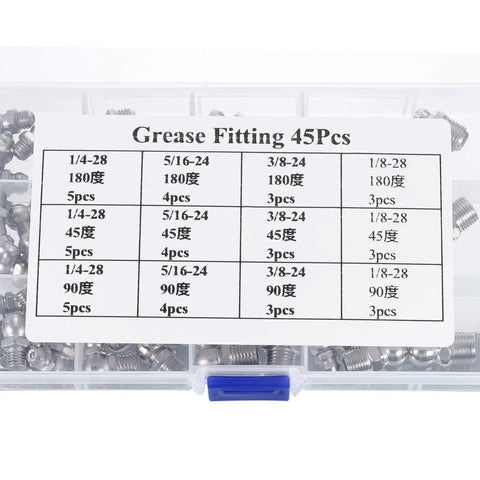 Nickel Plated Steel Heavy Duty Grease Fittings Kit 45 Piece Set shown in a clear organizer box with sizes and angles chart
