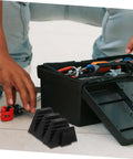 12 Piece Modular Wrench Rack Organizer Tray for wrenches, shown near a toolbox with tools, space-saving plastic garage storage.