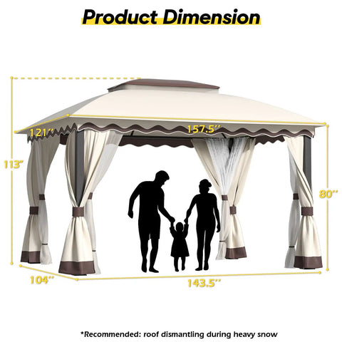 Outdoor Patio Gazebo 10 By 13 Heavy Duty Steel Frame With Mosquito Netting And Double Roof Canopy Tent Shelter with dimensions shown
