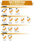 Chart of compatible vacuums for Type C VF3501 bags, 3 to 4.5 gallon, includes models WD3050 to 50318
