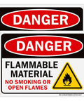 Built Different Safety Warning Plates For Flammable Supplies And Open Flames, Heavy Duty Aluminum Sheet With Bold Glow Print, Straight Up Rust Proof, Quick Grip Peel Stick Mount For Garage Or Job Site, Double Pack - Red and black signs showing danger and flammable material warnings.