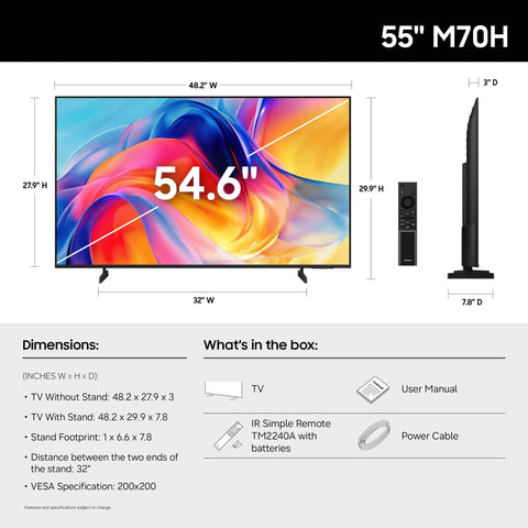 55 Inch 4K Mini Led Smart Television Boosting Straight Fire Visuals With Advanced Deep Black Contrast And Seamless Streaming Features For A Top Tier Living Room Setup front view with dimensions displayed.