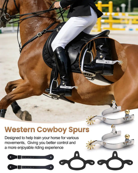 Two Pack Cowboy Boot Spurs With Rotatable Gear Plus Belt Straps And Tie Down Straps Stainless Steel Western Spurs For Men and Women