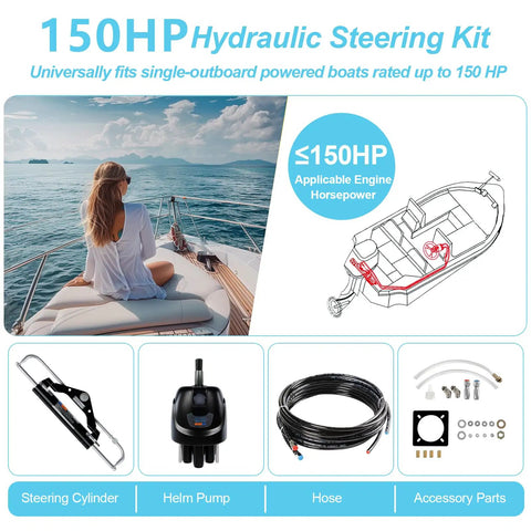 Outboard 150HP Hydraulic Steering Kit With Hydraulic Cylinder, Helm Pump And Durable Nylon Hoses For Boats, Plug And Play Install, Aluminum Alloy Casing And Stainless Steel Build Built To Last Against Corrosion