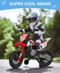 Child riding 12V Kids Ride On Motorcycle With Dual 25W Motors Safe One To Three MPH Speed Safety Training Wheels outdoors