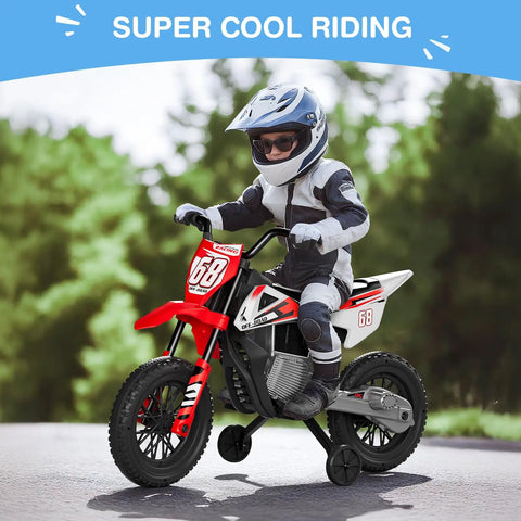Child riding 12V Kids Ride On Motorcycle With Dual 25W Motors Safe One To Three MPH Speed Safety Training Wheels outdoors