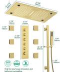 Premium Dual Head Rainfall Shower System With Twenty Six Custom Spray Settings Sweet Brushed Gold Finish showing dimensions and components.
