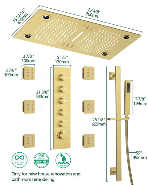 Premium Dual Head Rainfall Shower System With Twenty Six Custom Spray Settings Sweet Brushed Gold Finish showing dimensions and components.