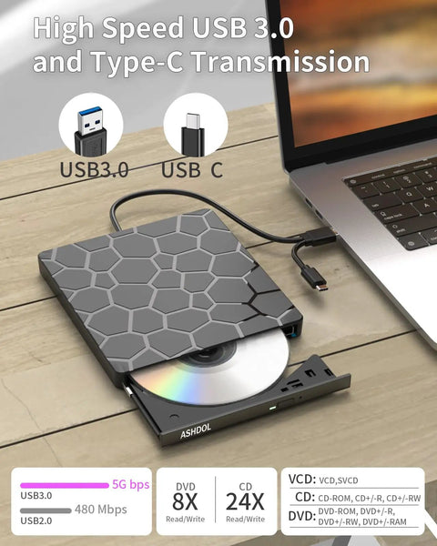 8 In 1 External CD DVD Drive USB 3 And Type C Disc Reader Burner For Laptops And PCs Fast Transfer No Driver Needed Wide Compatibility With Windows Mac And Chrome OS, black external drive connected to laptop