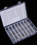 Roll Pin Set In Stainless Steel Assortment With Organized Box, Pro Grade Spring Tension Pins In Sizes M1.5 to M8 shown in open box
