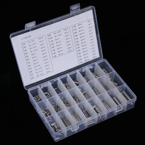 Stainless Steel Spring Pin Set 280 Piece Tension Pin Assortment Kit with Box for M1.5 to M8 slotted pins, open view.