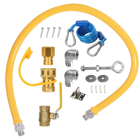 Safety System Kit For Natural Gas Lines Three Quarter Inch ID 48 Inch Flexible Gas Hose Mobile Kitchen Connector With Two Elbows And Quick Connect Fittings CSA Certified Durable, components displayed