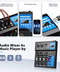 4 Channel USB Audio Interface Mixer with Bluetooth MP3 Player, 48V Phantom Power, audio inputs, and controls for live use.
