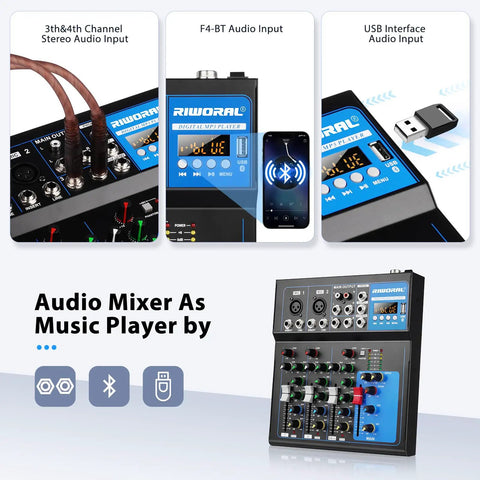 4 Channel USB Audio Interface Mixer with Bluetooth MP3 Player, 48V Phantom Power, audio inputs, and controls for live use.