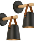 Set Of Two Modern Wall Sconces With E26 Base Indoor Bedroom Wall Lamps For Bedside And Hallway Easy Install Premium Wood And Leather Look Ambient Soft Glow Lighting For Aisle Corridor And Living Spaces, showcasing black and wood design.
