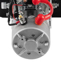 Close-up of Beefy Truck-Grade 8 Quart Hydraulic Power Unit with Dual Acting Dump Trailer Pump and 12V DC Motor.