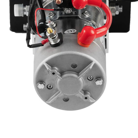 Close-up of Beefy Truck-Grade 8 Quart Hydraulic Power Unit with Dual Acting Dump Trailer Pump and 12V DC Motor.