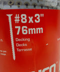 Close-up of the label on the 800-pack of Workhorse Heavy Duty No 8 3 Inch Deck Screws Galvanized Steel Square Drive for Wood Decking.