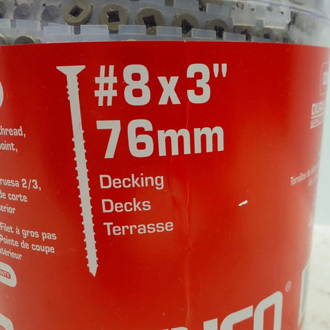 Close-up of the label on the 800-pack of Workhorse Heavy Duty No 8 3 Inch Deck Screws Galvanized Steel Square Drive for Wood Decking.