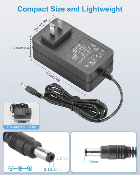 Go To 24V Power Supply 2A 48W AC to DC Adapter with dimensions and 5.5x2.5mm plug for LED strip lights CCTV cameras home office projects