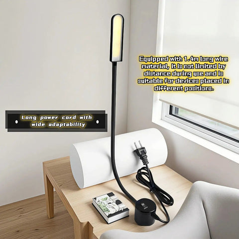 Bright 30 LED Sewing Machine Light with flexible silicone neck and magnetic base on a table, long power cord visible.