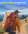 Man hiking with orange backpack, showcasing EDC Pry Bars Set For Everyday Carry, Heavy Duty Stainless Steel Keychain Multitool with mountains in background